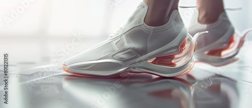 Design a pair of shoes that defy gravity with a futuristic and innovative look. The shoes should appear to be lightweight and have a fluid-like design. photo