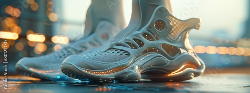 Design a pair of shoes that look like they belong in the year 2089. They should be stylish, comfortable, and look like they could be worn by a character in a sci-fi movie. photo