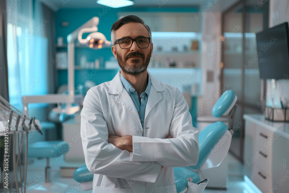 Dentist. a male dentist stands against the backdrop of a dental office.