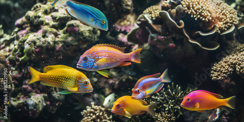 Vibrant Marine Life: Colorful Fishes in the Sea Illustration of colorful fishes swimming in the ocean © Maxim
