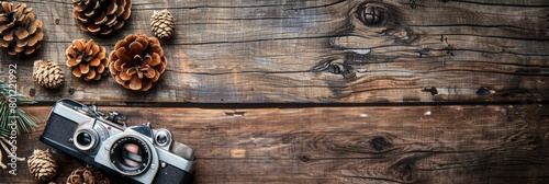 Old photo camera with pine cones on wooden background. Top view