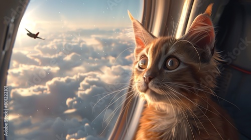 Cat flying in the plane beautiful view photo
