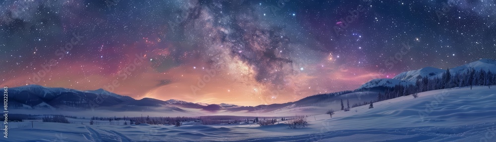 The Milky Way stretches across the sky above a snow-covered landscape. The aurora borealis adds a touch of color to the scene.