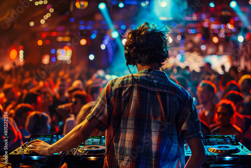 DJs in headphones playing music in a nightclub. DJ mixes the track in neon rays, lasers. © MK studio