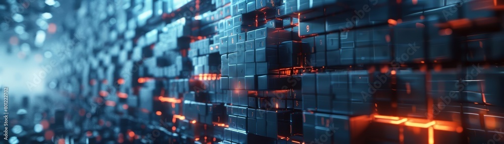 Fototapeta premium A glowing blue and orange circuit board with a metallic texture.