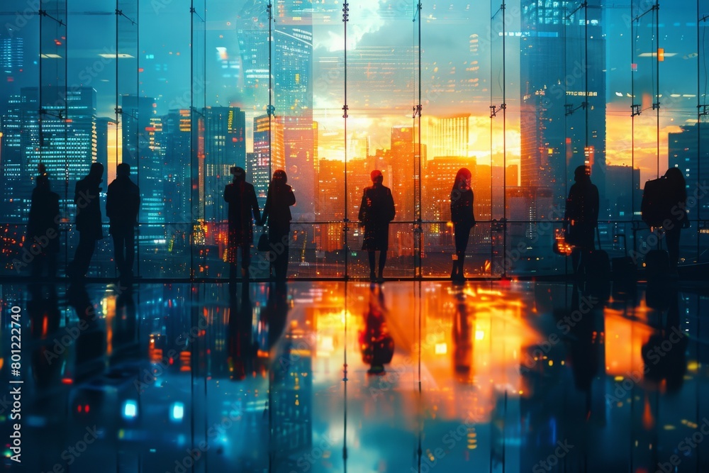 Silhouette of business people on the background of the night city