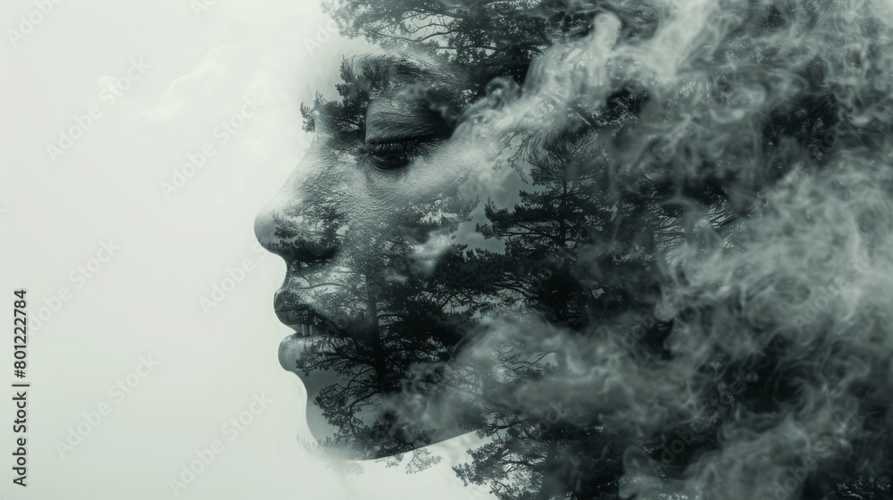 Digital composite of Portrait of woman with smoke in black and white Digital composite of Portrait of woman with smoke in black and white