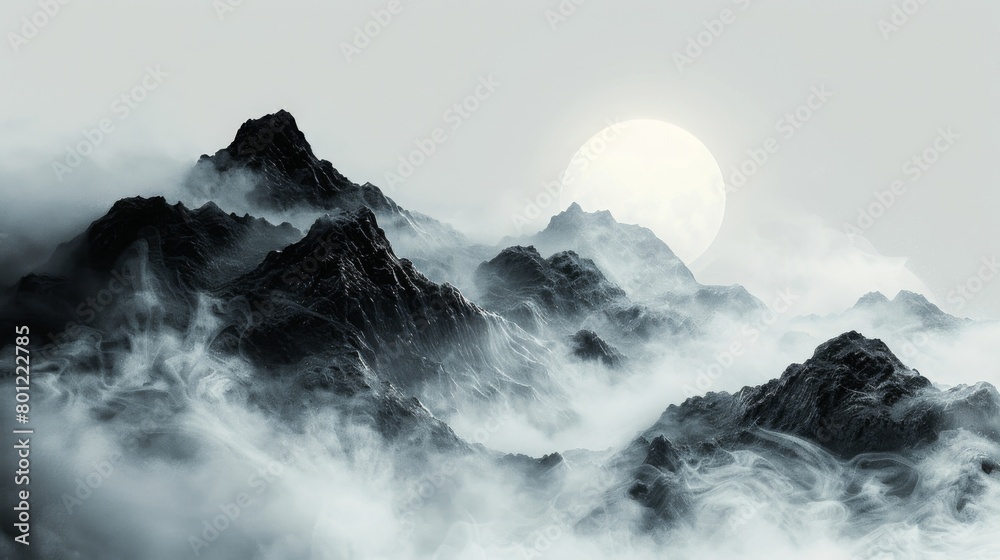 Monochrome illustration of mountain landscape with fog and full moon