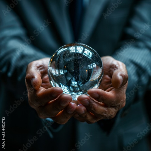 Businessman holding a crystal ball in his hands. Business concept.