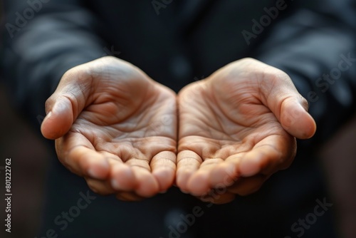 Close up of a man's hands holding something with both hands. Care concept