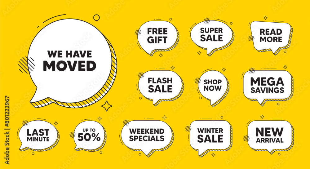 Obraz premium Offer speech bubble icons. We have moved. Move new address sign. Place relocate symbol. We have moved chat offer. Speech bubble discount banner. Text box balloon. Vector