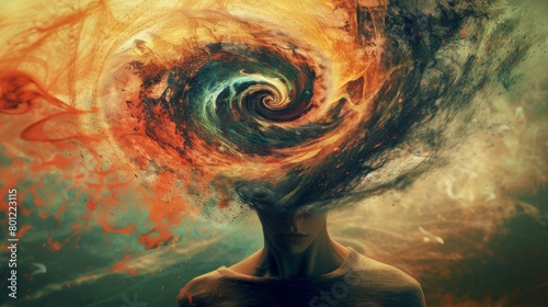 An illustrative concept representing Attention Deficit Hyperactivity Disorder( ADHD) Swirling thoughts, indicating hyperactivity, impulsivity, and inattention photo