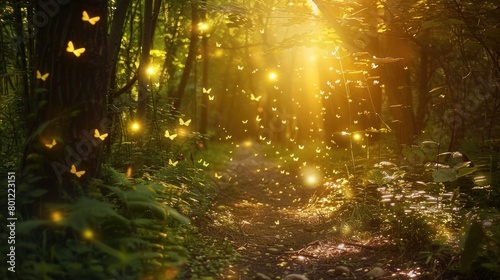 photo Magical fireflies fly towards the rays of sunlight in a forest that has a path