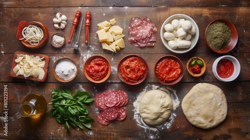 Various pizza ingredients laid out on a wooden table, including flour, tomato sauce, cheese, basil, olive oil, garlic, and assorted meats for toppings.