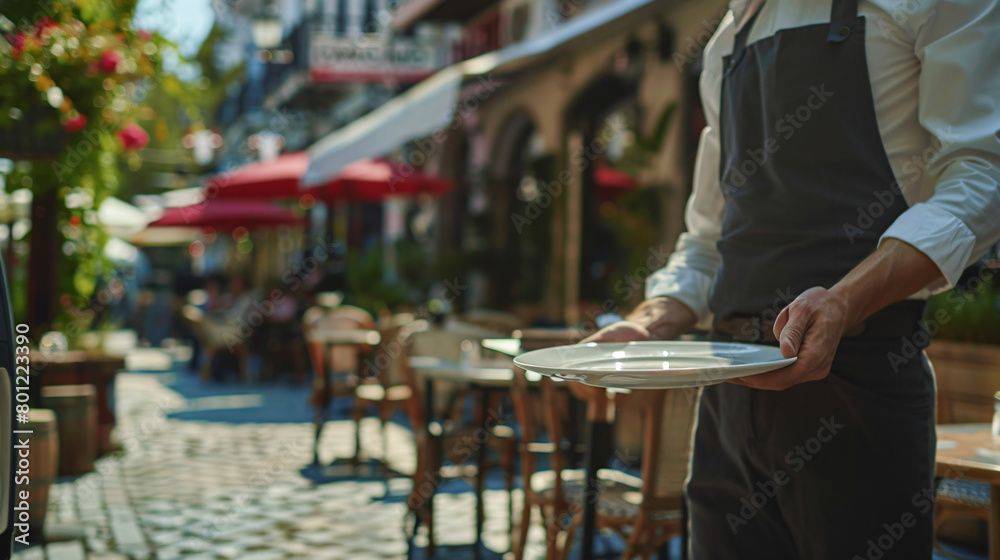 Waiter with empty tray in outdoor