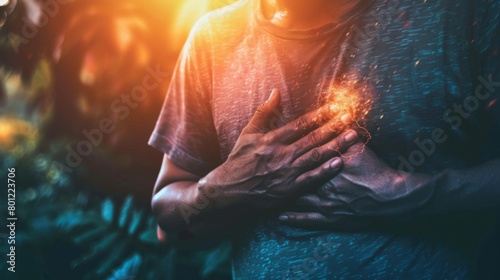 An individual clutching their chest in pain, illustrating a heart attack with visible stroke symptoms, emphasizing the importance of cardiovascular health awareness and emergency response