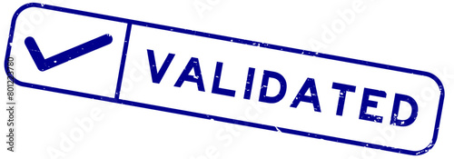 Grunge blue validated word with right check mark icon square rubber seal stamp on white background