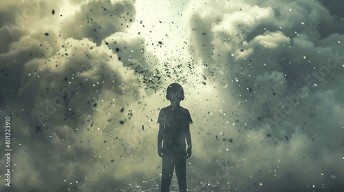 A surreal image of a child standing defiantly amidst a storm of PM2.5 particles, symbolizing the ongoing threat to children's health posed by air pollution