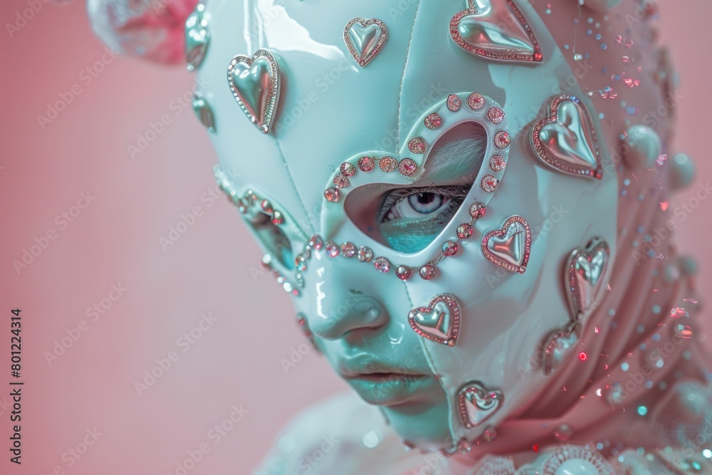 Close up portrait of a woman wearing a white and pink heart patterned protective face mask