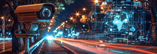 Advanced night vision security camera monitoring urban traffic with digital cybersecurity overlay © Georgii
