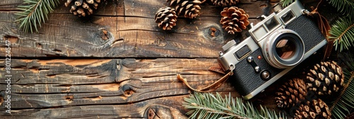 Old photo camera with pine cones on wooden background. Top view