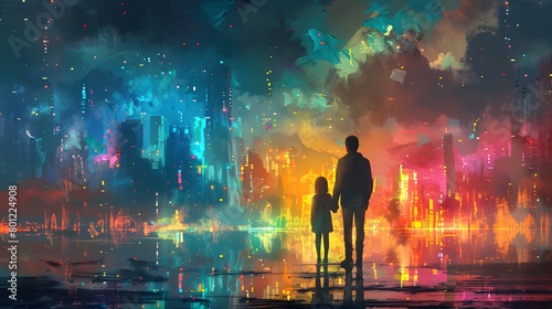 A father and daughter stand hand-in-hand, absorbed in the contemplation of a dazzling, colorful futuristic city at dusk.