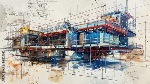 An artistic rendering of a modern building in a sketch-like style with visible structural lines and architectural design elements superimposed on the image. © sasiwara