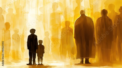 children stand on the ground, behind them is father, a little higher is a translucent grandfather, behind them are the silhouettes of deceased relatives, the power of the family