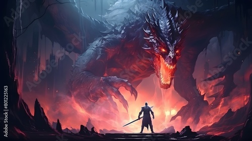 Fantasy battle scene featuring a knight in armor confronting a gigantic, fire-breathing dragon in a dramatic, fiery landscape. photo