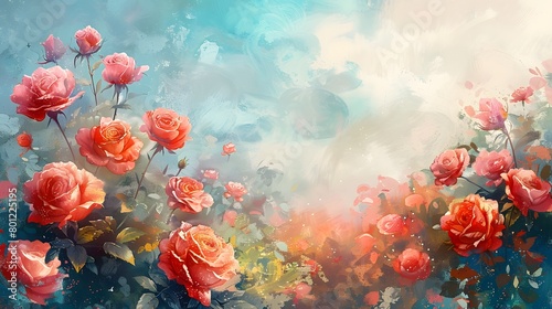 Abstract watercolor painting featuring a burst of roses in soft pastel tones with delicate splashes creating a dreamy atmosphere.
