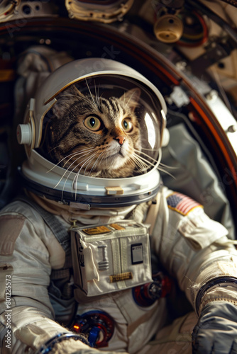 Cute cat in astronaut suit sitting in space ship.