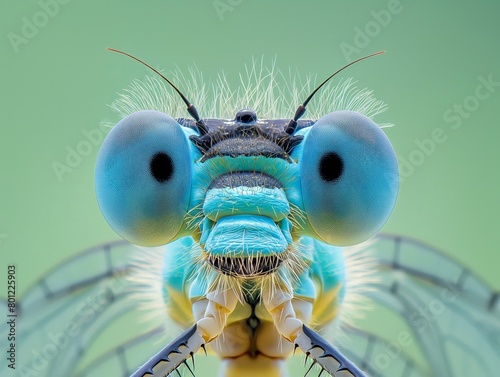 Up-close detailed view of a dragonfly's head, showcasing its compound eyes. photo
