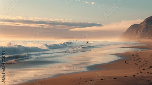 At sunrise  a serene shoreline sees a surfer riding the initial wave.