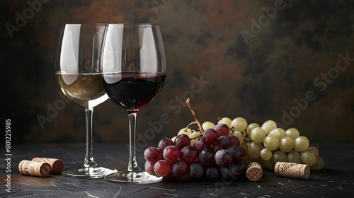 Wine glasses with grapes and corks on dark background