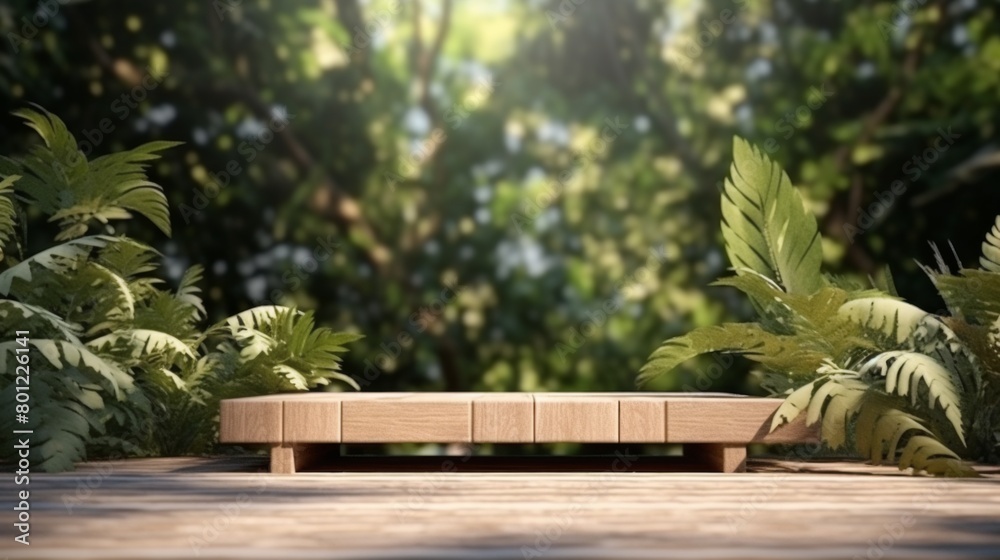 a wooden catwalk stand with a blurred background of nature leaves , 3d rendering, nature a wooden catwalk stand with a blurred background of nature leaves , 3d rendering, nature