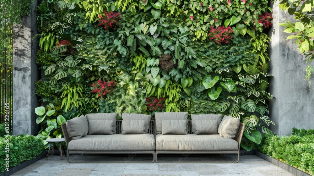 Beautiful vertical garden with outdoor sofa for family relaxing zone 