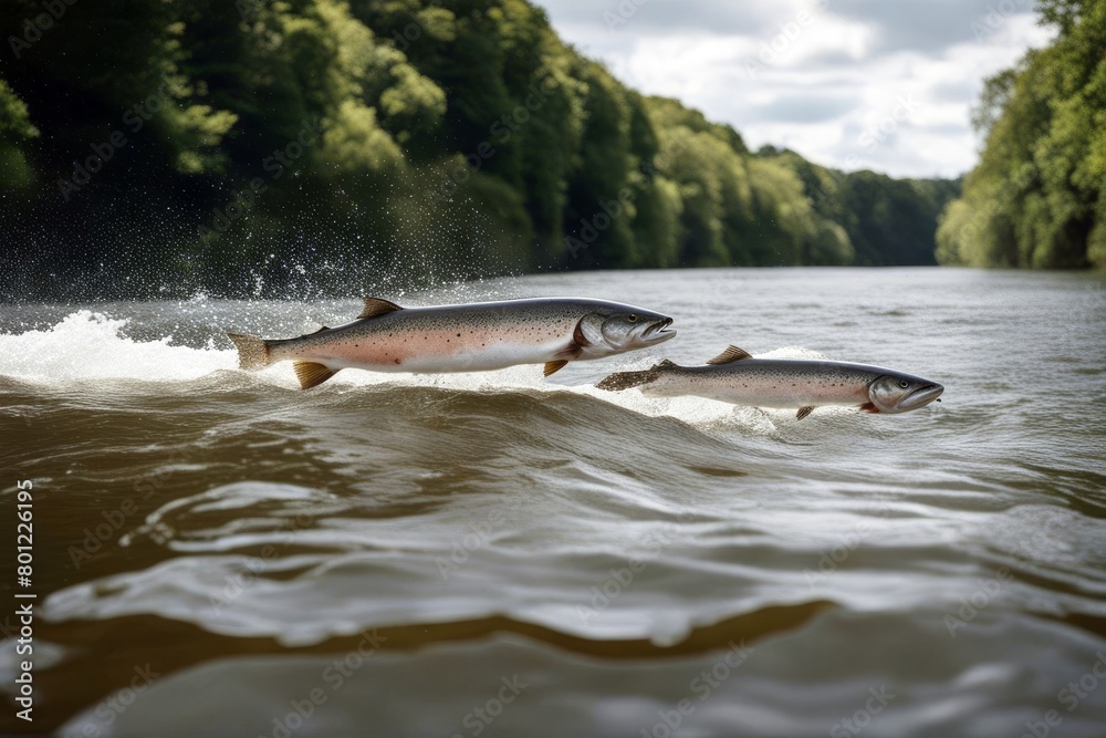 Fototapeta premium 'atlantic river water salmon an salmo out weir severn salar england upstream jumps spawn shrewsbury attempt move shropshire jumping jump fish animal beautiful big britain british colours colourful'