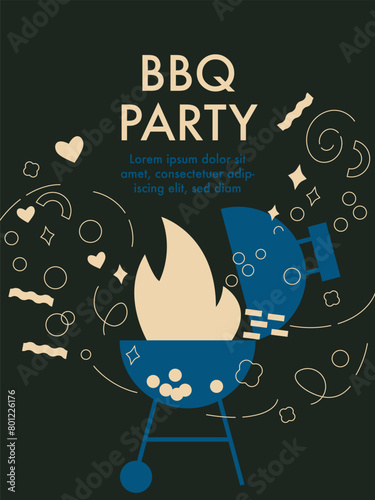 Barbecue poster. BBQ time. Abstract flat vector illustration with grill barbecue, doodle elements.  Barbecue party invitation for outdoor picnic. Perfect background for menu, posters, cover design