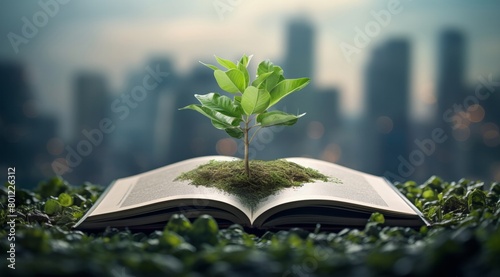 a tree is growing out of an open book, book with green plant, concept ecology book, book, open, education, tree, paper, literature, page, nature, knowledge