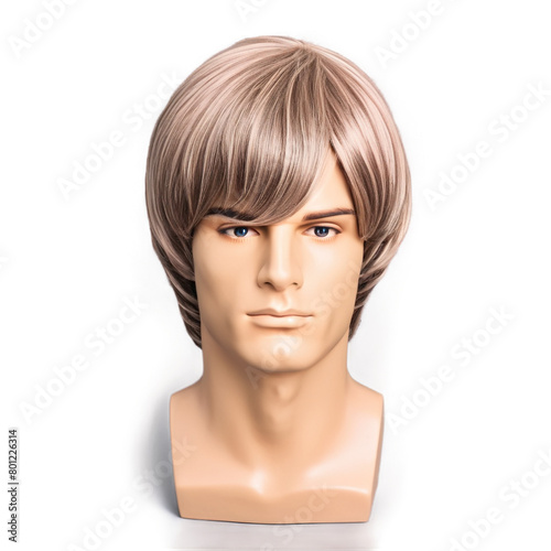 A mannequin head wearing a short  layered brown wig. transparent background. PNG  cutout  or clipping path