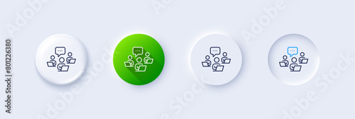 Teamwork line icon. Neumorphic, Green gradient, 3d pin buttons. Remote office sign. Team employees symbol. Line icons. Neumorphic buttons with outline signs. Vector