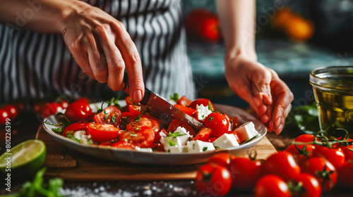 Woman cutting tomatoes for tasty Greek salad on table photo