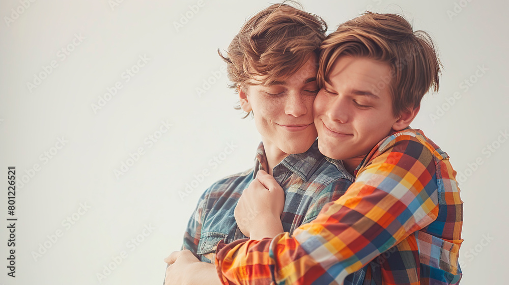 Two boys in plaid shirts hugging each other on white background Two boys in plaid shirts hugging each other on white background