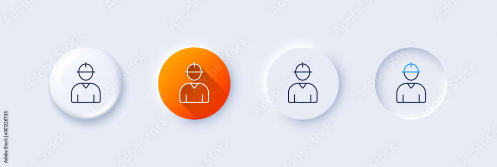 Worker line icon. Neumorphic, Orange gradient, 3d pin buttons. Engineer Profile sign. Male Person silhouette symbol. Line icons. Neumorphic buttons with outline signs. Vector Worker line icon. Neumorphic, Orange gradient, 3d pin buttons. Engineer Profile sign. Male Person silhouette symbol. Line icons. Neumorphic buttons with outline signs. Vector