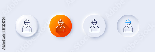 Worker line icon. Neumorphic, Orange gradient, 3d pin buttons. Engineer Profile sign. Male Person silhouette symbol. Line icons. Neumorphic buttons with outline signs. Vector