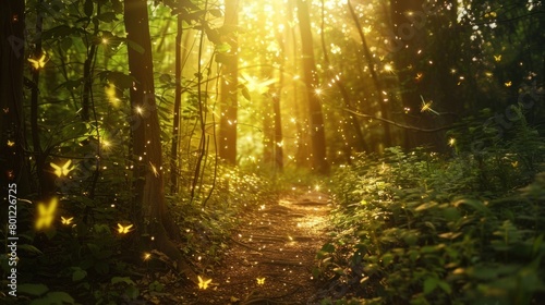 photo Magical fireflies fly towards the rays of sunlight in a forest that has a path © jongaNU