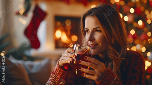 Woman drinking tasty mulled wine at home on Christmas photo