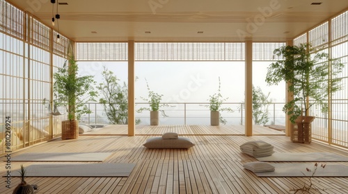 Explore the concept of a balcony yoga studio, where bamboo flooring, minimal decor, and panoramic views inspire mindfulness and tranquility.  photo