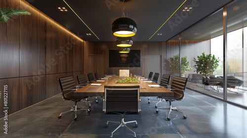 High level meeting of excutive room is decorated with stylish table and chairs around. Conference room is ready for next level of executive meeting. photo