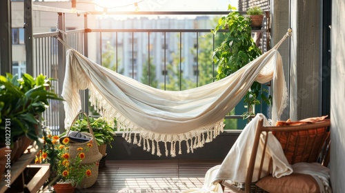 Imagine a balcony hammock haven, with sturdy anchors, soft blankets, and a canopy for lazy afternoons spent lounging in the sun  #801227131